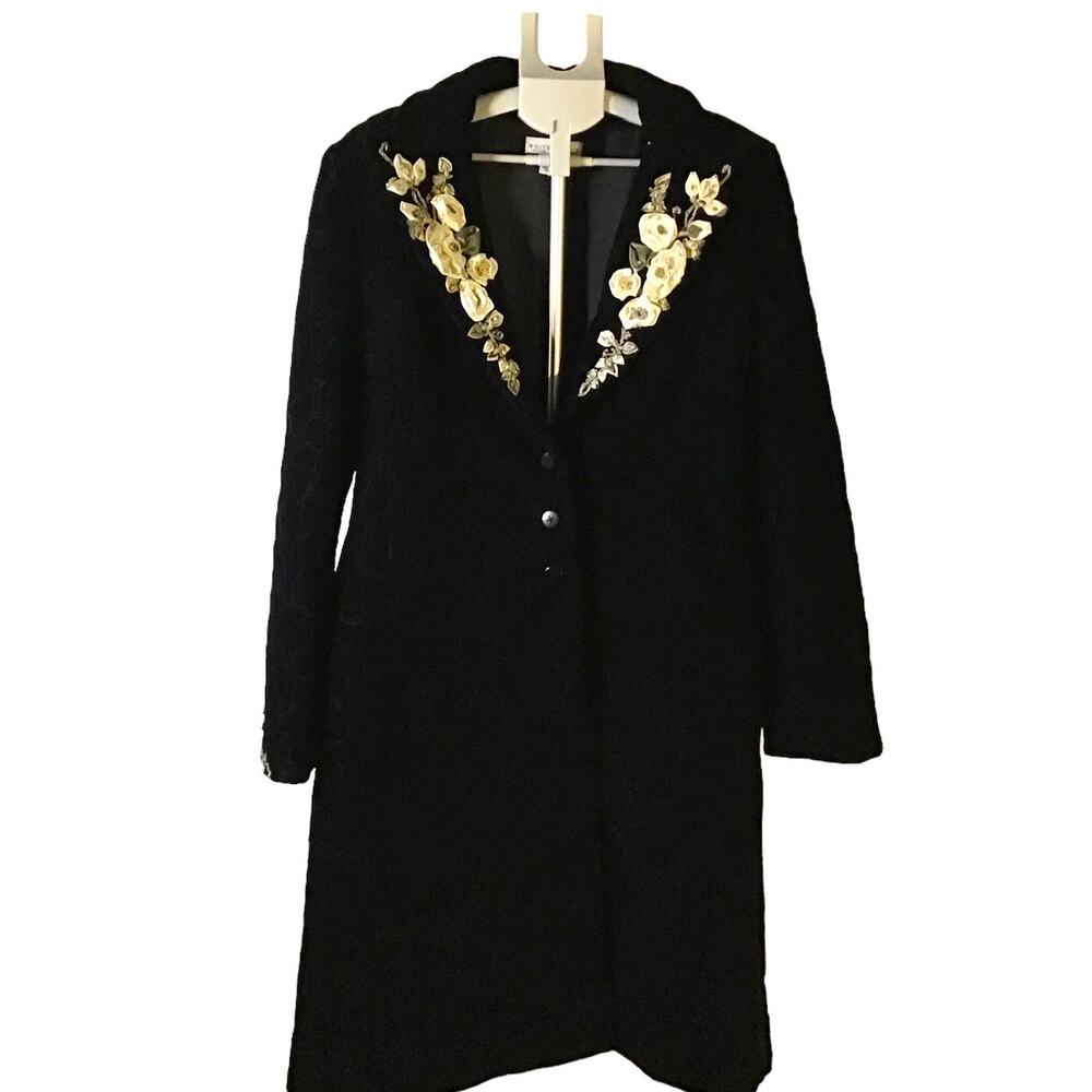 White House Black Market Women's Black Velvet Embellished Long Coat Size M